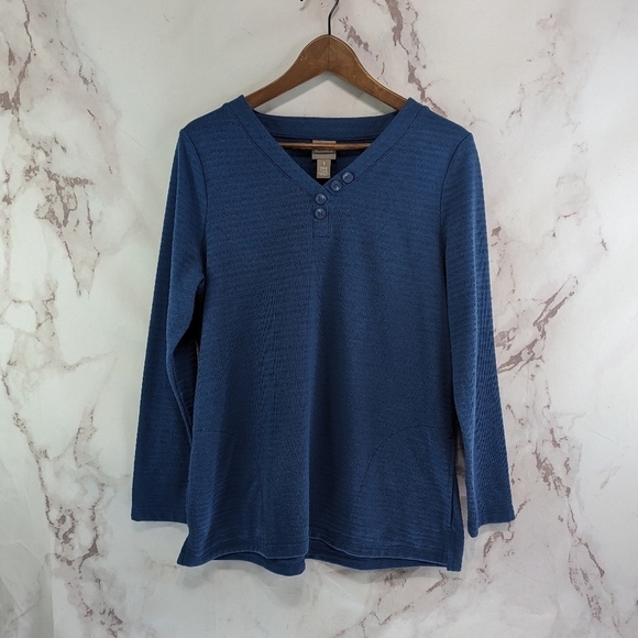 Chicos Shirt Women 1 Medium Blue V Neck Button Textured Ribbed Henley Pockets - Picture 1 of 13